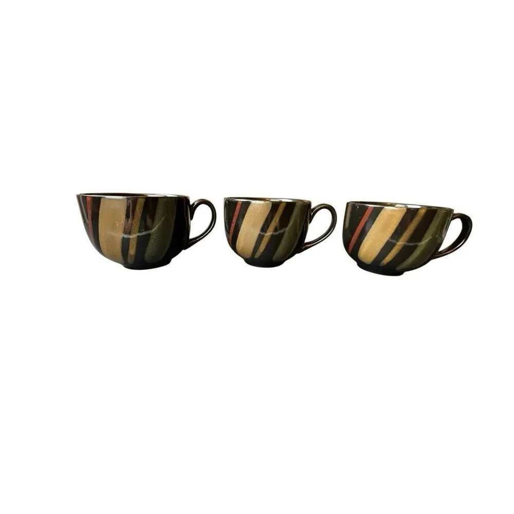 Sango Nova Black 4932 Soup Cups Lot of 3 Handles Black Red Gold Stoneware
